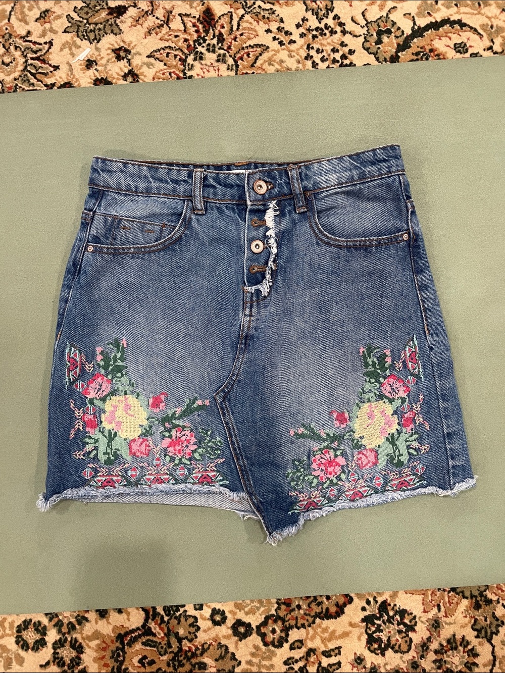 Embroidered Floral Denim Mini Skirt
